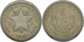 Cuba
 Première République (1902-1962)
 20 centavos - 1932 
 Année rare.
 Superbe - PCGS AU 58
 200 / 300
