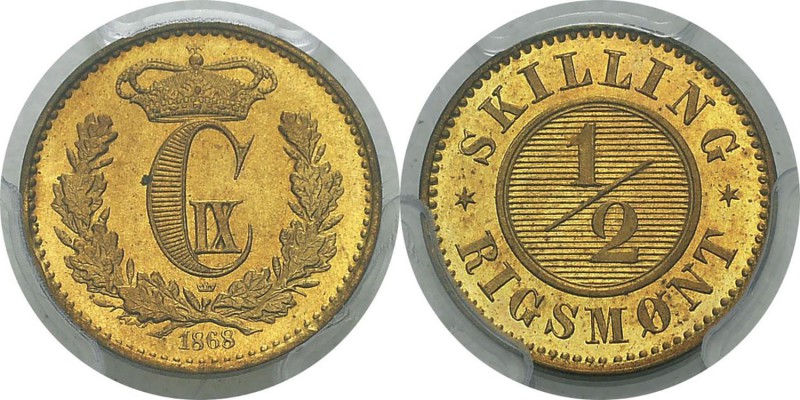 Danemark
 Christian IX (1863-1906)
 Epreuve sur flan bruni du 1/2 skilling rig...