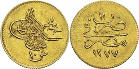 Egypte
 Abdul Aziz (1277-1293 AH / 1861-1876)
 10 qirsh or - 1277 AH / An 11 (1870).
 Très rare. Superbe
 200 / 300