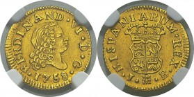 Espagne
 Ferdinand VI (1746-1759)
 1/2 escudo or - 1758/7 JB M Madrid.
 Magnifique exemplaire.
 Pratiquement FDC - NGC MS 63
 250 / 350