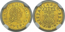 Espagne
 Ferdinand VI (1746-1759)
 1/2 escudo or - 1759 J M Madrid.
 Magnifique exemplaire.
 Pratiquement FDC - NGC MS 63
 250 / 350