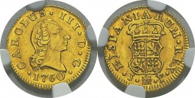 Espagne
 Charles III (1759-1788)
 1/2 escudo or - 1760 JP M Madrid.
 Magnifique exemplaire.
 Pratiquement FDC - NGC MS 63
 250 / 350