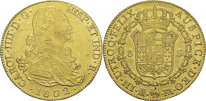 Espagne
 Charles IV (1788-1808)
 8 escudos or - 1802 FA M Madrid.
 Magnifique...