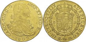 Espagne
 Charles IV (1788-1808)
 8 escudos or - 1802 FA M Madrid.
 Magnifique exemplaire.
 Superbe
 1.200 / 1.400