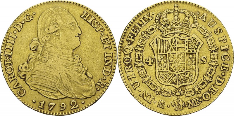 Espagne
 Charles IV (1788-1808)
 4 escudos or - 1792 MF M Madrid. 
 TTB à Sup...