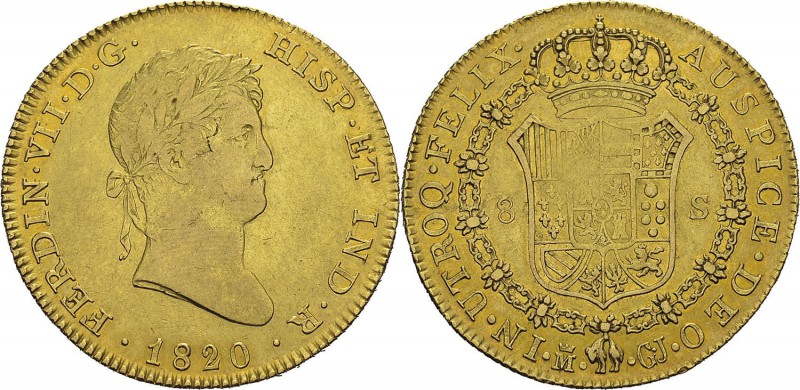 Espagne
 Ferdinand VII (1808-1833)
 8 escudos or - 1820 GJ M Madrid. 
 TTB à ...
