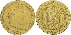 Espagne
 Ferdinand VII (1808-1833)
 4 escudos or - 1820 GJ M Madrid. 
 Nettoyé.
 TTB
 450 / 550