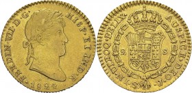 Espagne
 Ferdinand VII (1808-1833)
 2 escudos or - 1824 J S Seville. 
 Léger nettoyage - Très rare.
 Superbe
 600 / 800