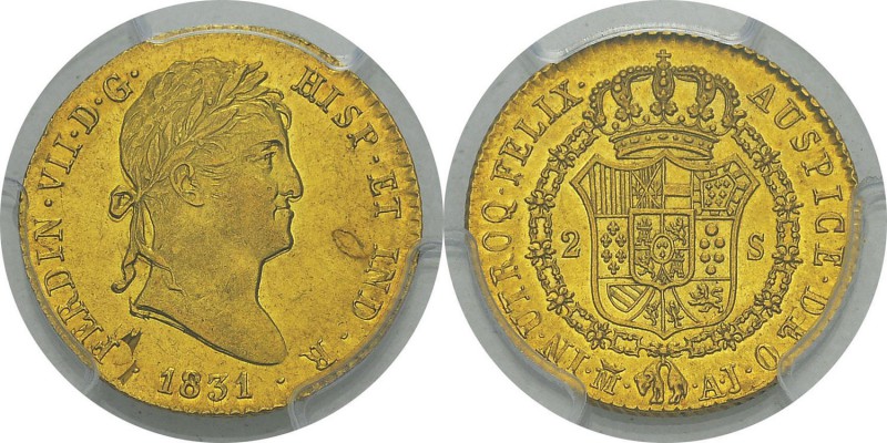 Espagne
 Ferdinand VII (1808-1833)
 2 escudos or - 1831 AJ M Madrid. 
 Superb...