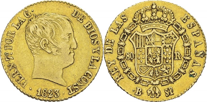 Espagne
 Ferdinand VII (1808-1833)
 80 réales or - 1823 SP B Barcelone. 
 TTB...