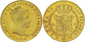 Espagne
 Isabelle II (1833-1868)
 80 réales or - 1845 PS B Barcelone.
 Magnifique Exemplaire.
 Superbe
 250 / 350