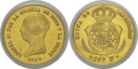 Espagne
 Isabelle II (1833-1868)
 100 réales or - 1855 étoile à 7 branches Séville. 
 Superbe - PCGS AU 55
 300 / 400
