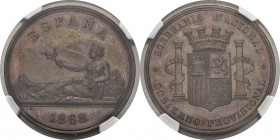 Espagne
 Gouvernement Provisoire (1868-1871)
 Epreuve en bronze du 5 pesetas (module) - 1868 
 Pratiquement FDC - NGC MS 64 BN
 200 / 300