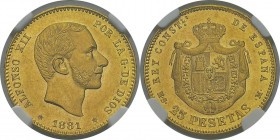 Espagne
 Alphonse XII (1874-1885)
 25 pesetas or - 1881 MS M Madrid. 
 Pratiquement FDC - NGC MS 64
 400 / 600
