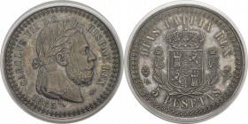Espagne
 Charles VII (1872-1875)
 Epreuve du 5 pesetas - 1885 Bruxelles. Tranche striée - Frappe monnaie.
 Rarissime.
 Frappe d’Epreuve - PCGS SP ...