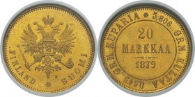 Finlande Occupation Russe Alexandre II (1855-1881) 
 20 markkaa or - 1879 S.
 Qualité remarquable.
 FDC Exceptionnel - NGC MS 66
 600 / 700