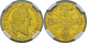 France
 Louis XIV (1643-1715)
 1/2 louis d’or aux quatre L - 1697 D Lyon. Réformation.
 Rarissime dans cette qualité. Pratiquement FDC - NGC MS 63...