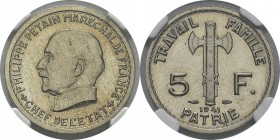 France
 Etat Français (1940-1944)
 Piéfort sur flan bruni du 5 francs Pétain - 1941
 Type adopté.
 Sans le mot essai - Frappe médaille. Inédit - U...