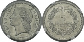 France
 Gouvernement Provisoire (1944-1947)
 5 francs Lavrillier aluminium - 1945 
 Très rare dans cette qualité.
 FDC - NGC MS 65
 200 / 300