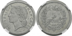 France
 IVème République (1947-1959)
 5 francs Lavrillier aluminium - 1952 
 Très rare dans cette qualité.
 Superbe à FDC - NGC MS 62
 200 / 300...