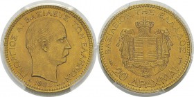 Grèce
 Georges Ier (1863-1913)
 20 drachmes or - 1884 A Paris. 
 Très rare dans cette qualité.
 Pratiquement FDC - PCGS MS 63
 600 / 800