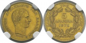 Grèce
 Georges Ier (1863-1913)
 5 drachmes or - 1876 A Paris.
 D’une grande rareté surtout dans cette qualité.
 FDC - NGC MS 64+
 7.500 / 8.500...