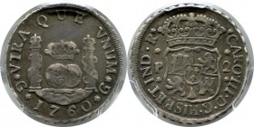 Guatemala
 Charles III (1759-1788)
 2 réales - 1760 G P. 
 Rarissime.
 TTB à Superbe - PCGS XF 40
 700 / 900