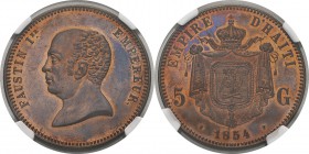 Haïti
 Faustin I (1849-1858)
 Epreuve en cuivre sur flan bruni du 5 gourde - 1854 E - Petite tête.
 Tranche striée - Frappe monnaie. Semble inédit....