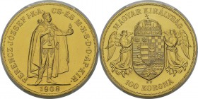 Hongrie
 François-Joseph(1848-1916)
 100 couronnes or - 1908 KB Kremnitz.
 Refrappe officielle.
 Pratiquement FDC - PCGS MS 63
 1.300 / 1.400