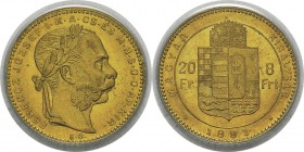Hongrie
 François-Joseph (1848-1916)
 20 francs / 8 forint or - 1881 KB Kremnitz.
 Magnifique exemplaire.
 Pratiquement FDC - PCGS MS 63
 250 / 3...