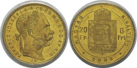 Hongrie
 François-Joseph (1848-1916)
 20 francs / 8 forint or - 1883 KB Kremnitz.
 Magnifique exemplaire.
 Superbe à FDC - PCGS MS 62
 250 / 350...