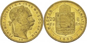 Hongrie
 François-Joseph (1848-1916)
 20 francs / 8 forint or «Fiume» - 1890 KB Kremnitz.
 Magnifique exemplaire.
 Superbe à FDC
 250 / 350