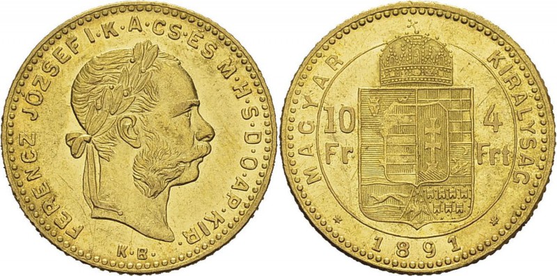 Hongrie
 François-Joseph (1848-1916)
 10 francs / 4 forint or «Fiume» - 1891 K...