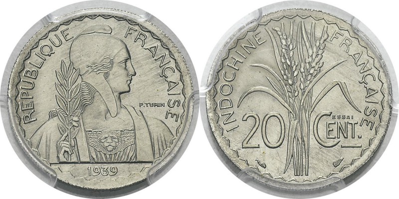 Indochine
 Essai en nickel du 20 cent. - 1939 Paris. 
 Tranche striée.
 Très ...