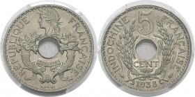 Indochine
 5 cent. cupro-nickel - 1938 Paris. 
 D'une qualité exceptionnelle.
 FDC Exceptionnel - PCGS MS 67+
 100 / 200