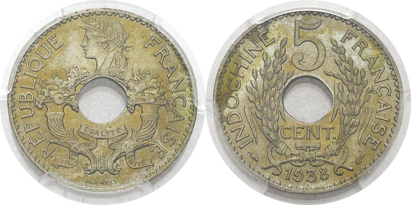 Indochine
 5 cent. maillechort - 1938 Paris. 
 D'une qualité exceptionnelle.
...