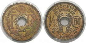 Indochine
 Essai du 1/2 cent. - 1935 Paris. 
 D'une qualité exceptionnelle.
 Frappe d'Epreuve - PCGS SP 67 RD
 1.200 / 1.400