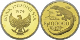 Indonésie
 République (1949 à nos jours)
 Epreuve sur flan bruni du 100000 rupiah or - 1974 
 Très rare sur flan bruni et d’une qualité exceptionne...