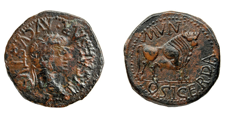 COLECCIÓN CORES. OSICERDA. TIBERIO. As. A/ Cabeza laureada a der.; TI CAESAR AVG...