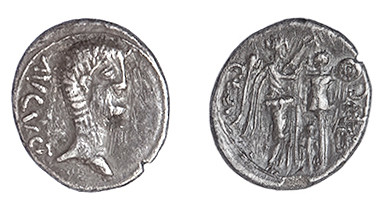 COLECCIÓN CORES. EMERITA. AUGUSTO. Quinario (25-23 a.C.). A/ Cabeza a der.; AVGV...