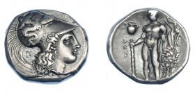 GRECIA ANTIGUA. LUCANIA. Heraclea. Didracma (330-300 a.C.). A/ Cabeza de Atenea con casco a der; detrás K. R/ Heracles con clava, arco y leonté, en ca...