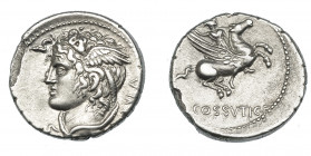 REPÚBLICA ROMANA. COSSUTIA. Denario. Roma (74 a.C.). A/ Cabeza de Medusa a izq., detrás SABVLA. R/ Belerofonte montando a Pegaso a der.; (L) COSSVTI C...