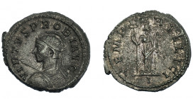 IMPERIO ROMANO. PROBO. Antoniniano. Lugdunum (277-278). A/ Busto radiado y con coraza a izq. con escudo y lanza visto de espalda. R/ Felicitas a der. ...