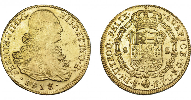 FERNANDO VII. 8 escudos. 1813. Santiago. FJ. VI-1539. Hojitas y rayas de ajuste....