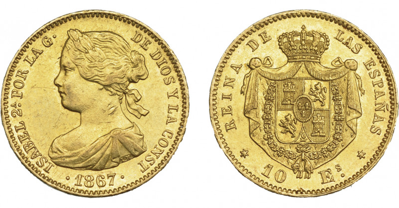 ISABEL II. 10 escudos. 1867. Madrid. VI-667. Rayitas en anv. R.B.O. EBC-/EBC. Es...