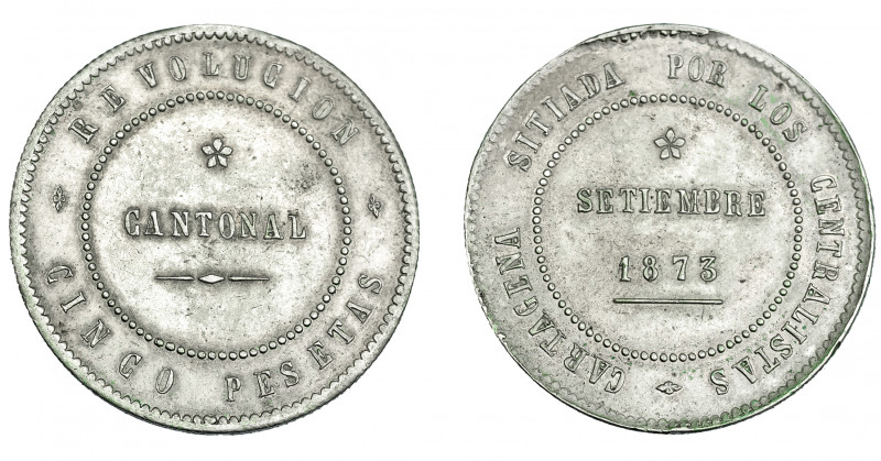 REVOLUCIÓN CANTONAL. 5 pesetas. 1873. Cartagena. No coincidente con eje horizont...