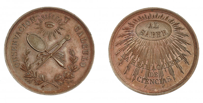 ALFONSO XII. Medalla. Real Academia de Ciencias. Al saber. Observación y Cálculo...