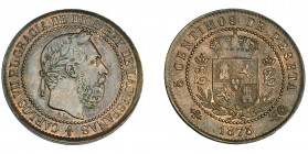 CARLOS VII. 5 céntimos. 1875. Bruselas. No coincidente sobre eje horizontal. VII-116.1. R.B.O. Acuñación floja. EBC-.