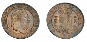CARLOS VII. 10 céntimos. 1875. Bruselas. No coincidente sobre eje horizontal. VII-117.1. R.B.O. Acuñación floja. MBC+.