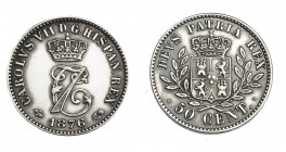CARLOS VII. 50 céntimos. 1876. Bruselas. VII-120. EBC. Muy escasa.